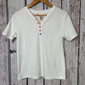 Vintage Studio Works Petite Medium PM Whitr Shirt Colorful‎ Buttons Short Sleeve